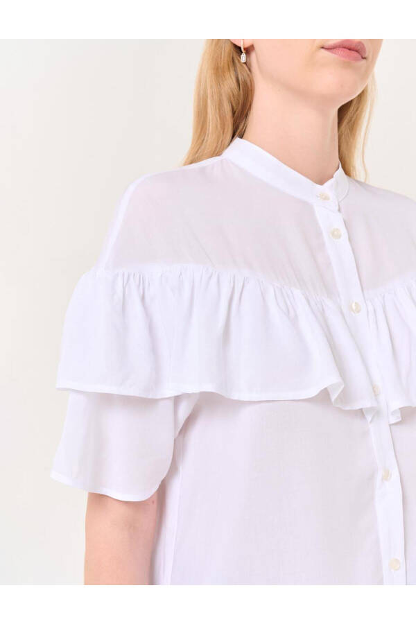 White Mandarin Collar Short Sleeve Ruffle Detail Shirt - 20