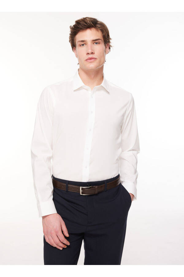 White Men's Slim Fit Plain Classic Collar Long Sleeve Shirt - 103119 - 11