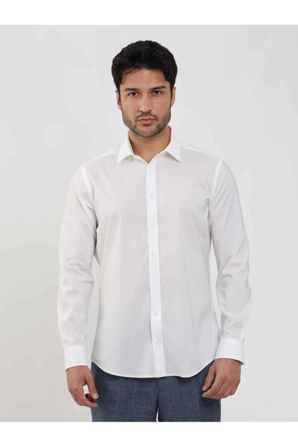 White Men's Slim Fit Plain Classic Collar Long Sleeve Shirt - 103119 - 7