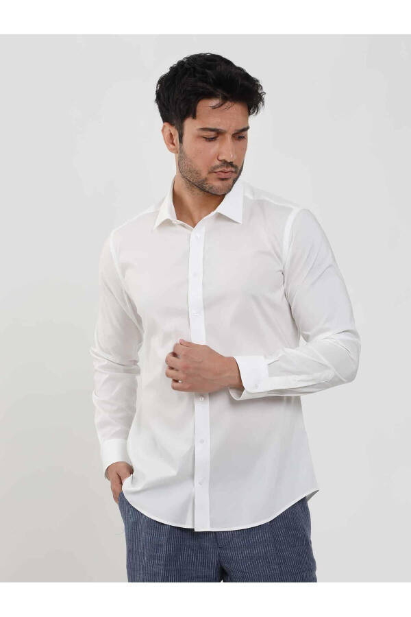 White Men's Slim Fit Plain Classic Collar Long Sleeve Shirt - 103119 - 9