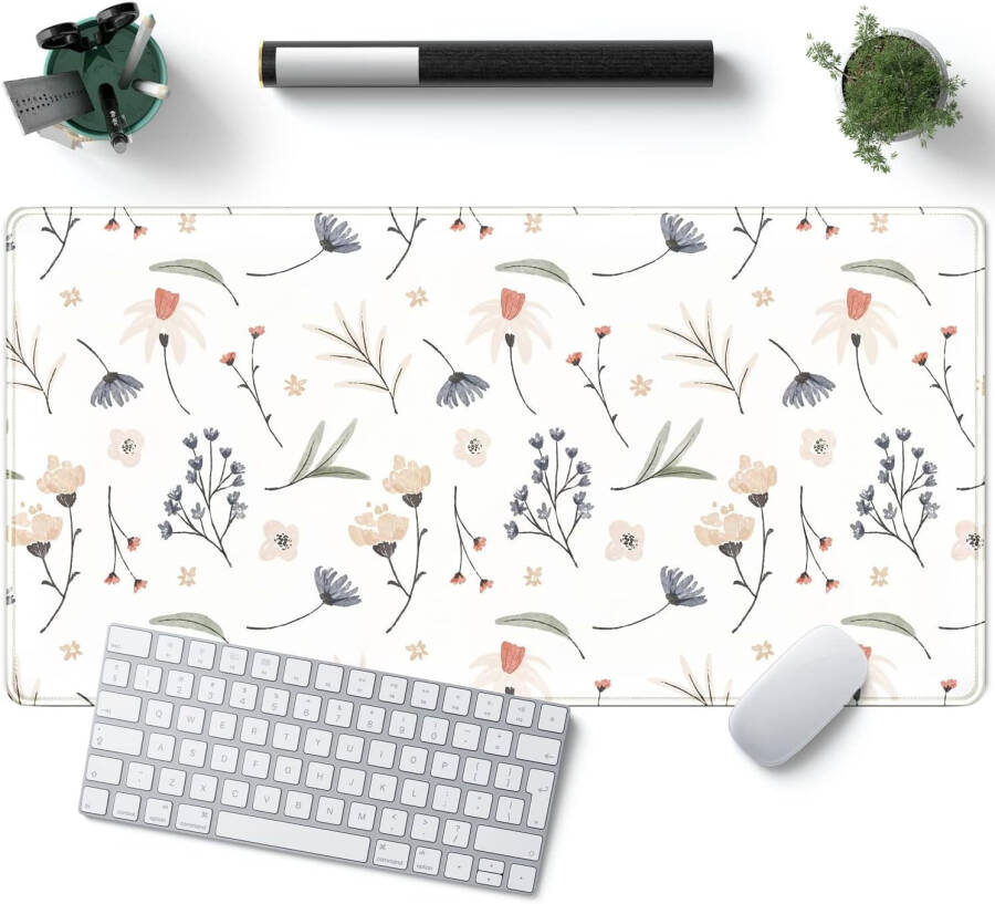 White Mouse Pads Extra Large Desk Pad, Cute Flowers Desk Pad Large Computer Mouse Pad Boho Aesthetic Office Supplies White Mousepad XXL, Mousepad Desk Decor for Women Office 31.5x15.7 in Mat - 1