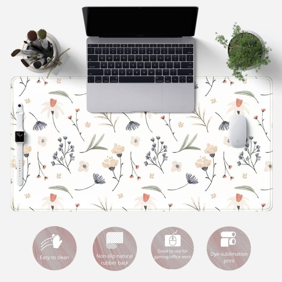 White Mouse Pads Extra Large Desk Pad, Cute Flowers Desk Pad Large Computer Mouse Pad Boho Aesthetic Office Supplies White Mousepad XXL, Mousepad Desk Decor for Women Office 31.5x15.7 in Mat - 6