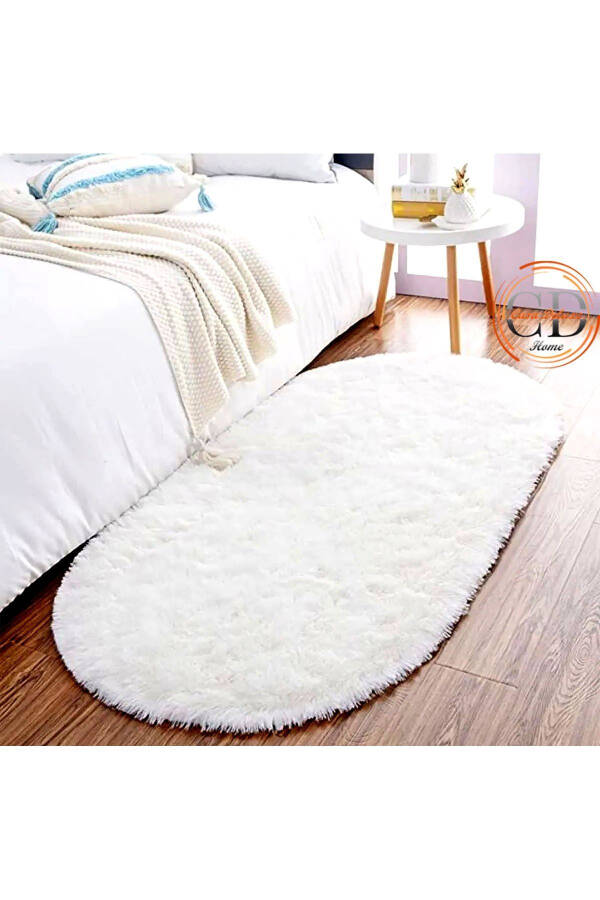 White Oval Shaggy Plush Soft Washable Non-Slip Dot Base Antibacterial Living Room Corridor Children Carpet - 1