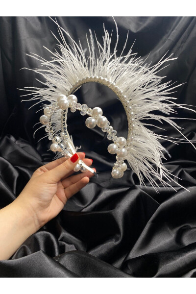 White Pearl Feather Bridal Crown - 1