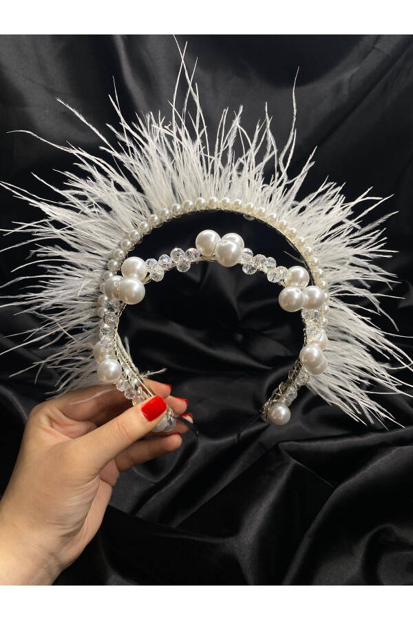 White Pearl Feather Bridal Crown - 2