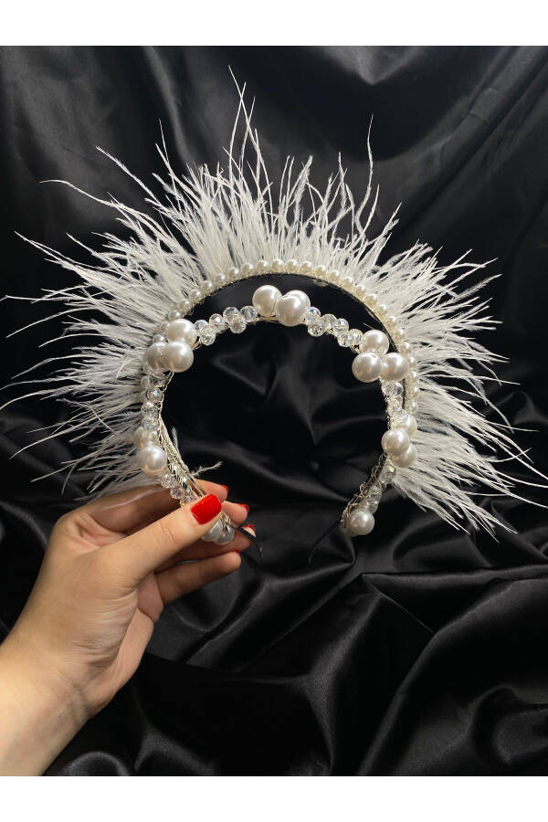 White Pearl Feather Bridal Crown - 3