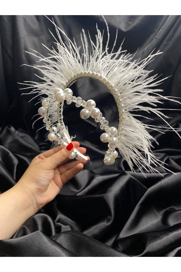 White Pearl Feather Bridal Crown - 4