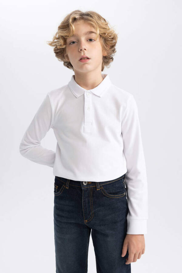 White Piqué Long Sleeve Polo School T-Shirt for Boys - 8