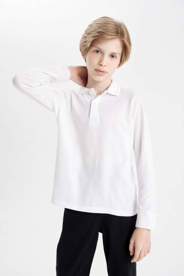 White Piqué Long Sleeve Polo School T-Shirt for Boys - 1