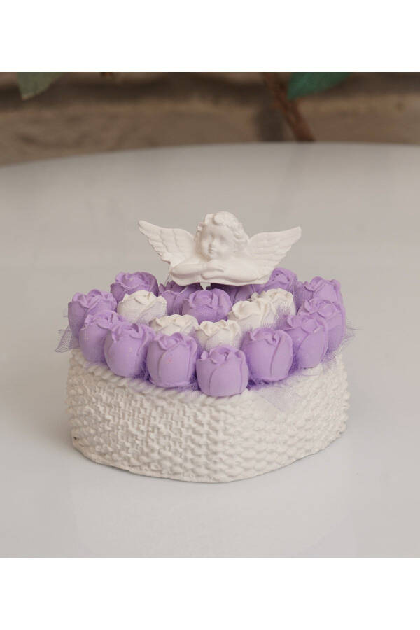 White Pot with Cast Heart, Angel Lilac Scented Stone Flower Arrangement Birthday Gift - 1