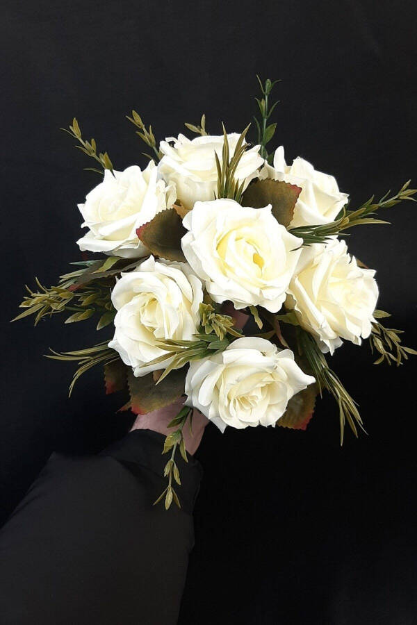 White Rose Bridal Bouquet with Green Leaves, Corsage, Bridal Hand Bouquet - 18