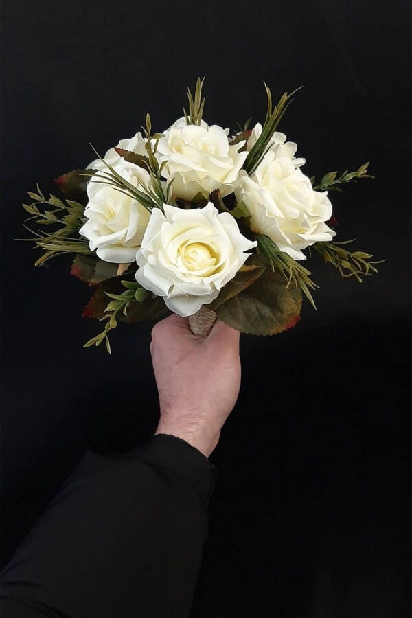 White Rose Bridal Bouquet with Green Leaves, Corsage, Bridal Hand Bouquet - 20