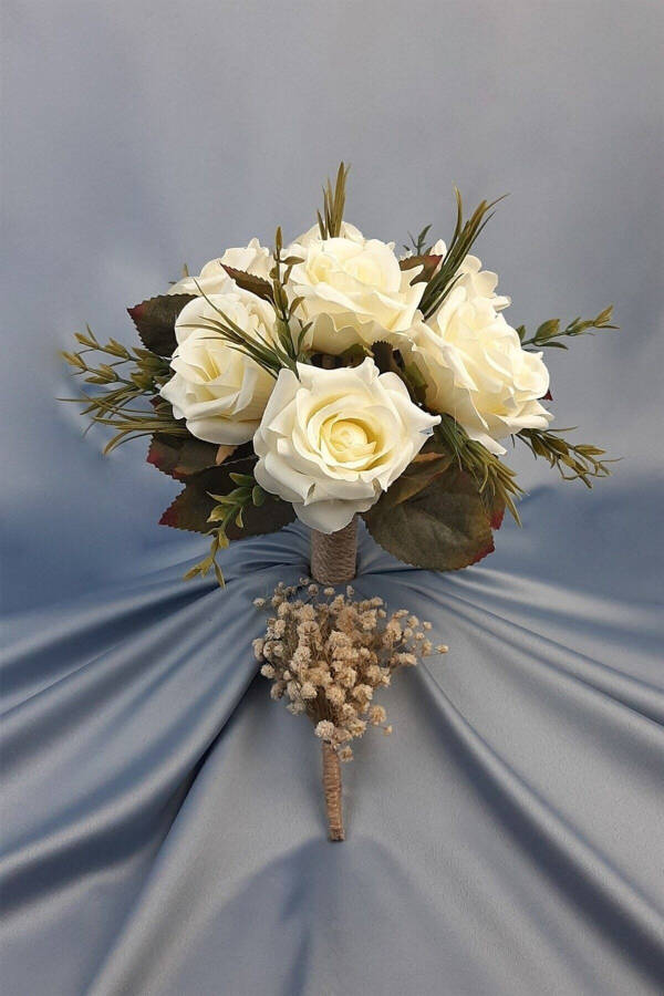 White Rose Bridal Bouquet with Green Leaves, Corsage, Bridal Hand Bouquet - 9