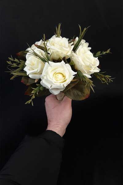 White Rose Bridal Bouquet with Green Leaves, Corsage, Bridal Hand Bouquet - 12