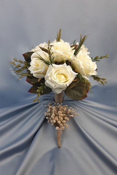 White Rose Bridal Bouquet with Green Leaves, Corsage, Bridal Hand Bouquet - 1