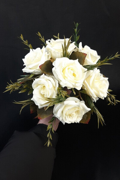 White Rose Bridal Bouquet with Green Leaves, Corsage, Bridal Hand Bouquet - 2