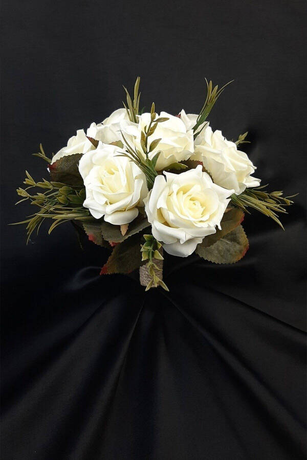 White Rose Bridal Bouquet with Green Leaves, Corsage, Bridal Hand Bouquet - 3