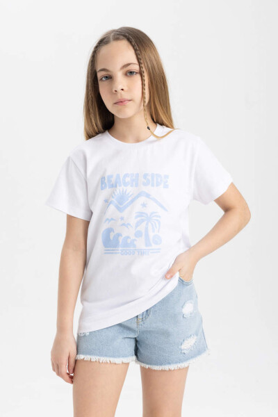 White Short-Sleeved Printed T-Shirt for Girls - 1