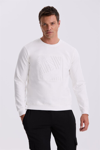 White Slim Fit Crew Neck Slim Fit Printed 100% Cotton Sweatshirt - 2