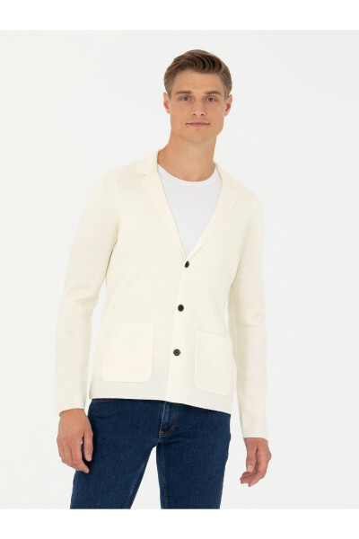 White Slim Fit V-Neck Knit Cardigan - 1