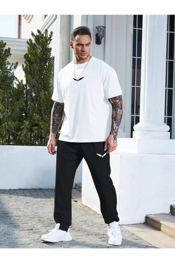 White T-shirt Black Jogger Sweatpants - Printed Top and Bottom Tracksuit Oversize Crew Neck - 3