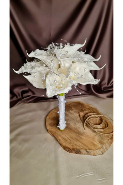 White Velvet Gala Bridal Bouquet with Pearl Model Wedding Flower Premium Quality - 9