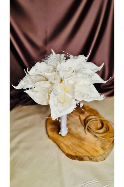 White Velvet Gala Bridal Bouquet with Pearl Model Wedding Flower Premium Quality - 7