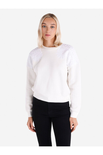 White women's sweatshirt, crew neck, lace detail on shoulder, regular fit. - 1