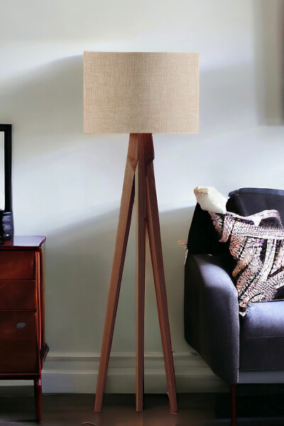 Wicker Textured Cylinder Head Wooden Tripod Floor Lamp Cream - 10