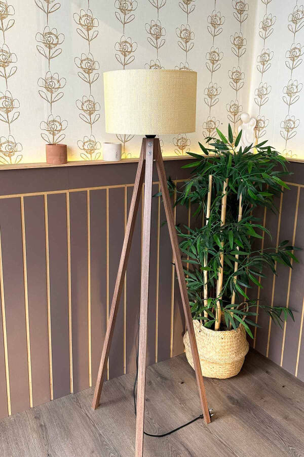 Wicker Textured Cylinder Head Wooden Tripod Floor Lamp Cream - 11