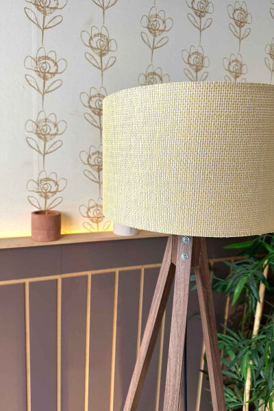 Wicker Textured Cylinder Head Wooden Tripod Floor Lamp Cream - 12