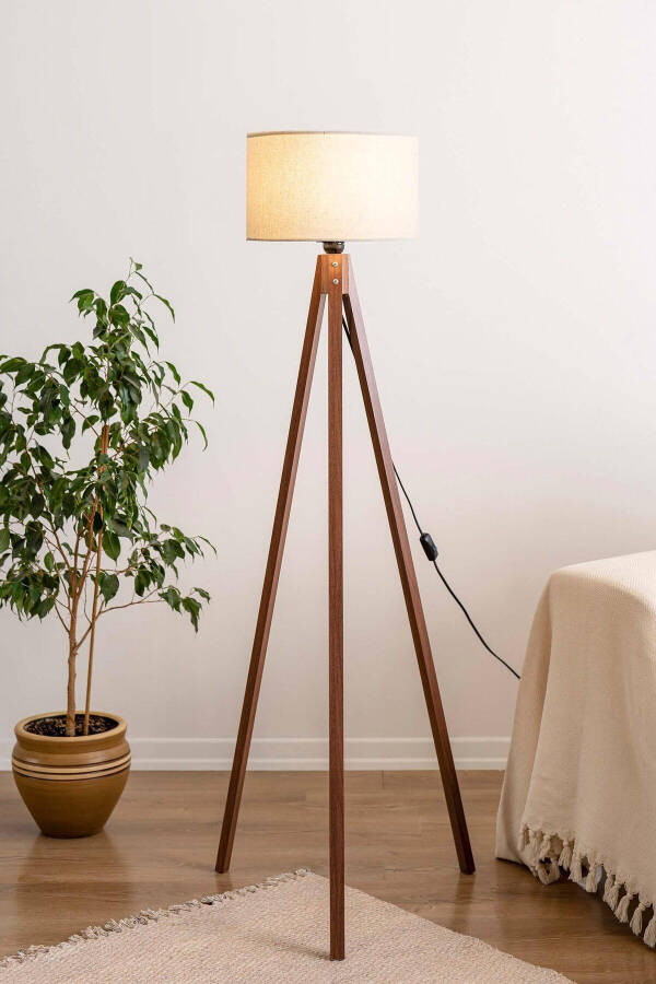 Wicker Textured Cylinder Head Wooden Tripod Floor Lamp Cream - 6