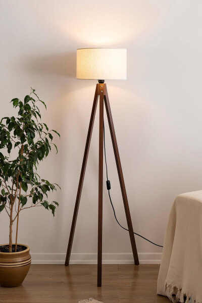 Wicker Textured Cylinder Head Wooden Tripod Floor Lamp Cream - 7