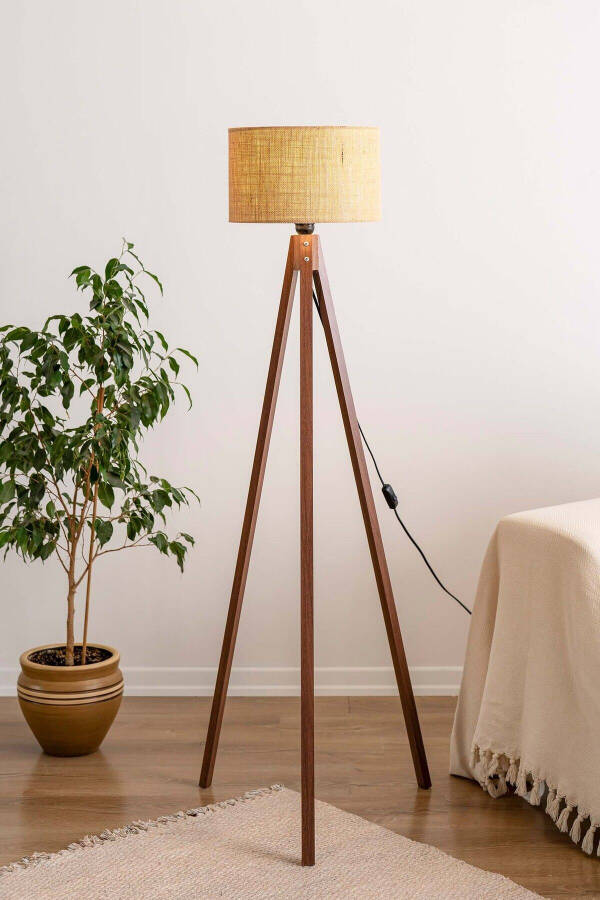 Wicker Textured Cylinder Head Wooden Tripod Floor Lamp Cream - 1