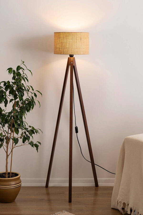 Wicker Textured Cylinder Head Wooden Tripod Floor Lamp Cream - 3