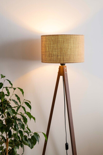 Wicker Textured Cylinder Head Wooden Tripod Floor Lamp Cream - 4