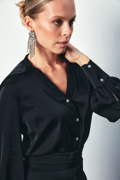 Wide Collar Satin Shirt - BLACK - 1