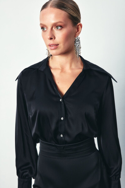 Wide Collar Satin Shirt - BLACK - 2