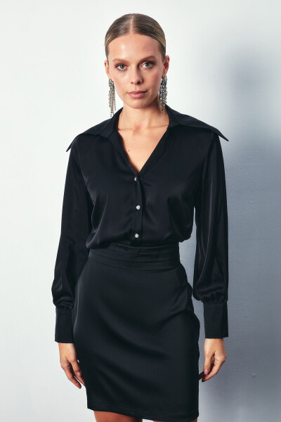 Wide Collar Satin Shirt - BLACK - 5