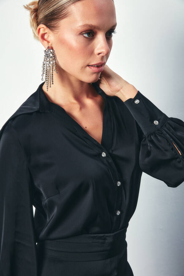 Wide Collar Satin Shirt - BLACK - 8