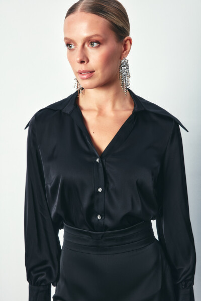 Wide Collar Satin Shirt - BLACK - 9