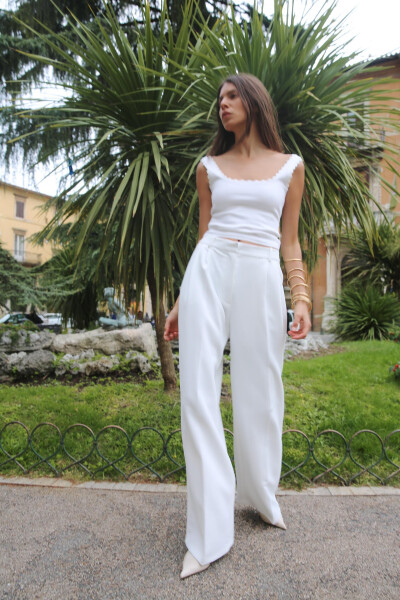 Wide Leg High Waist Pants - Off White - 7