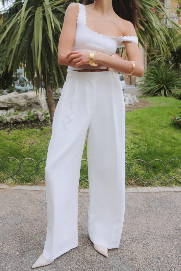 Wide Leg High Waist Pants - Off White - 8