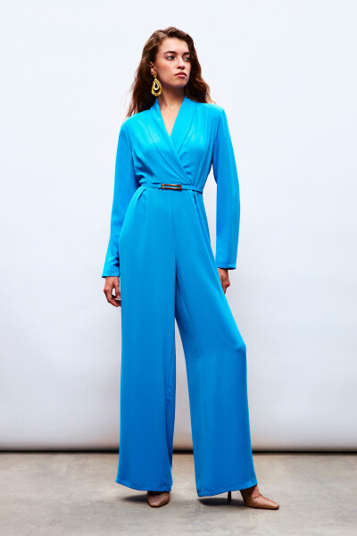 Wide Leg Jumpsuit with Belt - Blue - 1