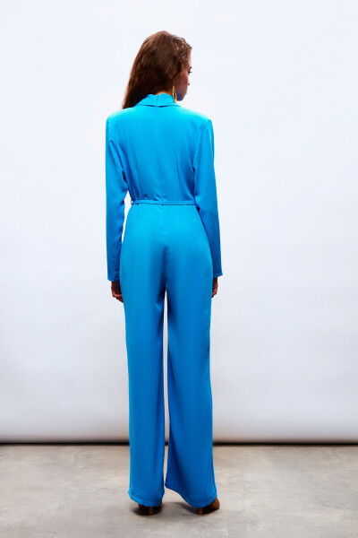 Wide Leg Jumpsuit with Belt - Blue - 7