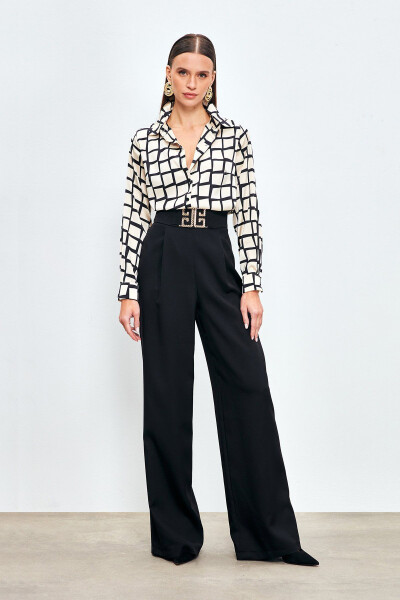 Wide Leg Pants with Belt Accessory - BLACK - 1