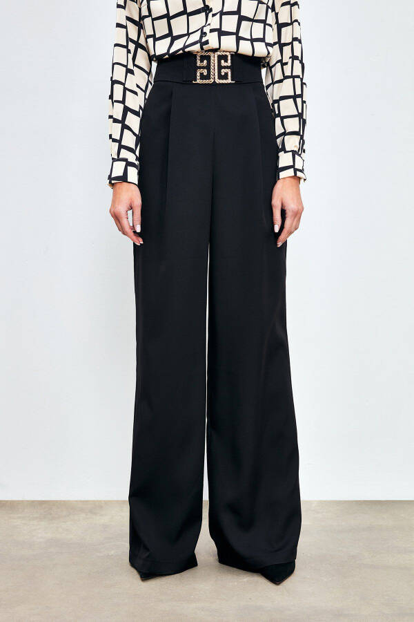 Wide Leg Pants with Belt Accessory - BLACK - 3