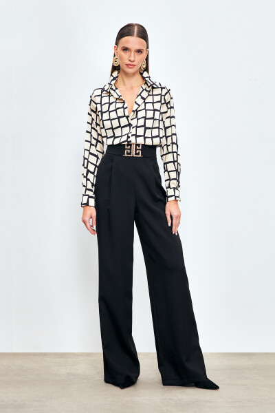 Wide Leg Pants with Belt Accessory - BLACK - 6