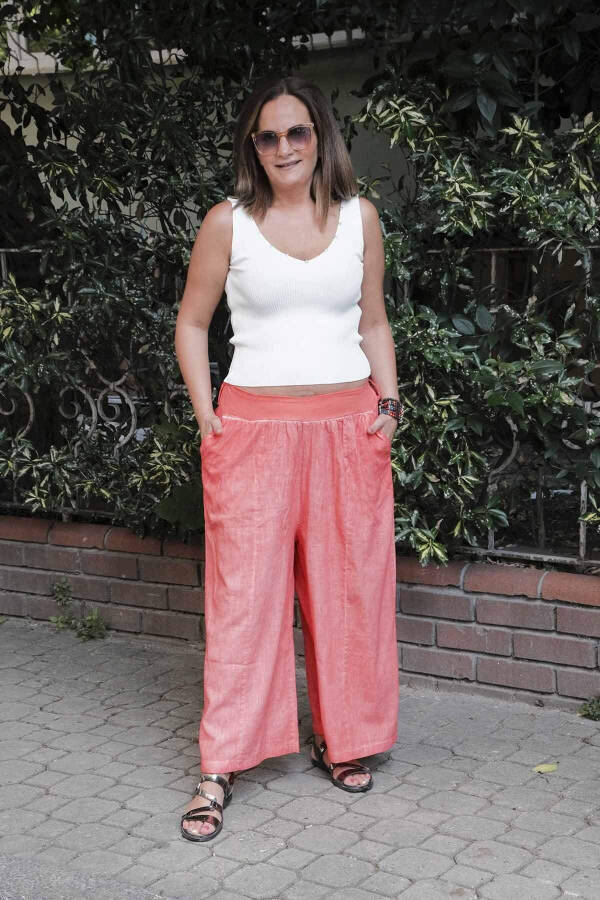 Wide Leg Plus Size Linen Pants Coral - 1