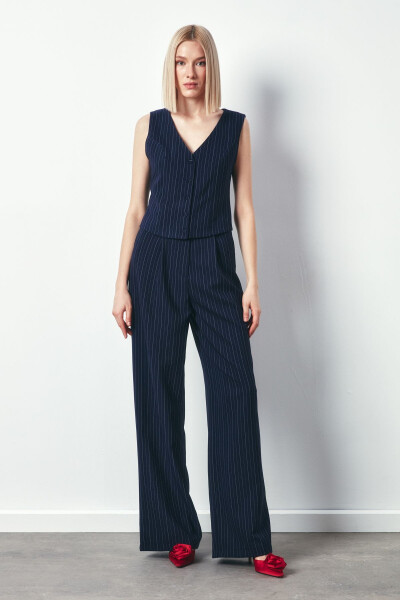 Wide Leg Striped Trousers - NAVY - 5